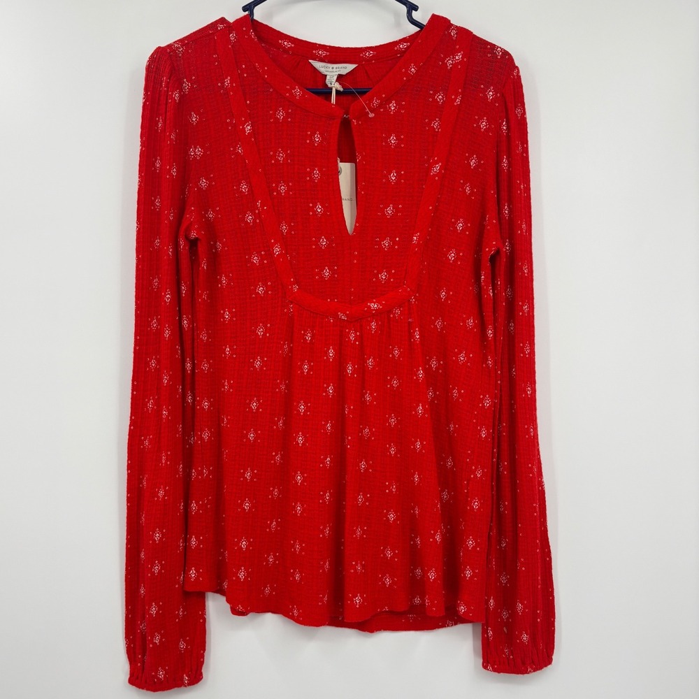 Lucky Brand Red White Diamond Print Waffle Knit Peasant Top Size Small, NWT NEW